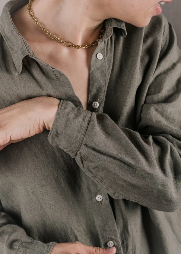 Damen Leinen-Hemd Essentielle Khaki