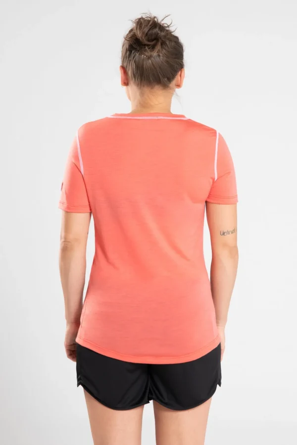 Korallenrotes Damen-Lauf-T-Shirt aus Merino und Lyocell