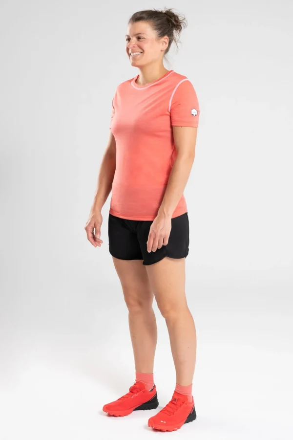 Korallenrotes Damen-Lauf-T-Shirt aus Merino und Lyocell