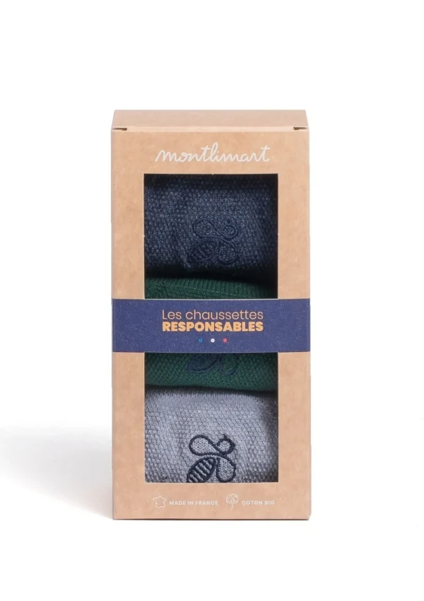 Bio-Baumwolle Sockenbox Grau, Grün und Blau