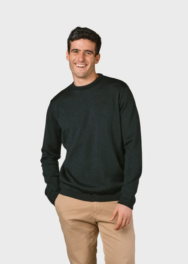 Dünner olivgrüner Strickpullover aus Merinowolle