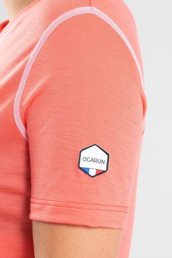 Korallenrotes Damen-Lauf-T-Shirt aus Merino und Lyocell