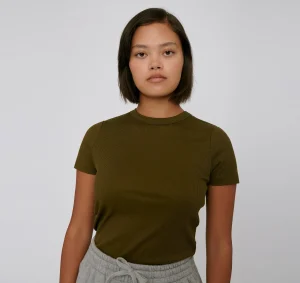 Olivgrünes, geripptes Damen-T-Shirt
